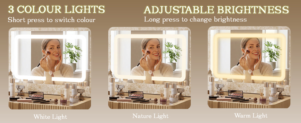 Luna sminkebord med LED-spejl og taburet – moderne makeupbord med 2 skuffer