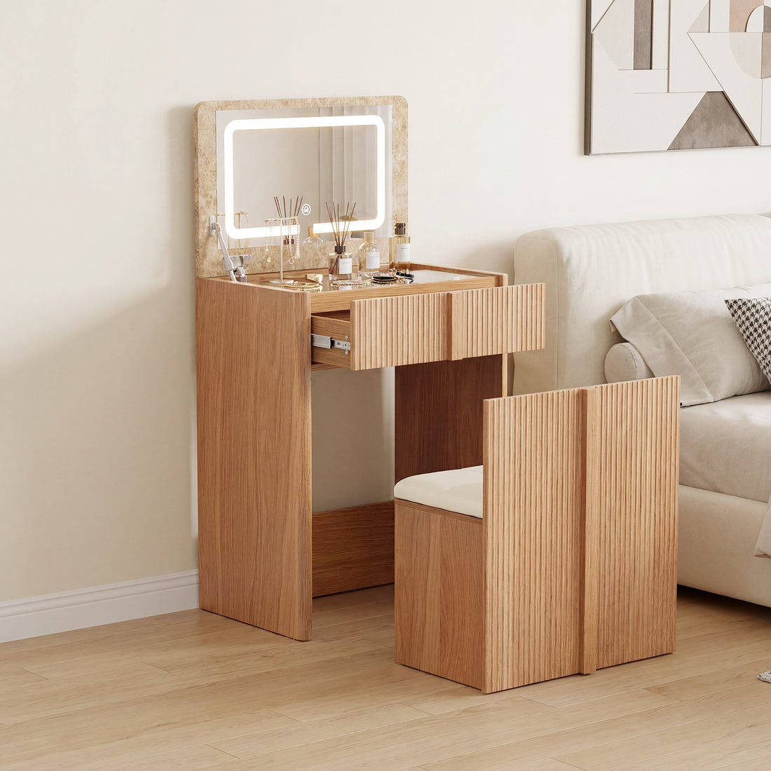 Luna Kaptafel met LED Spiegel en Kruk – Moderne Make-up Tafel met 2 Laden