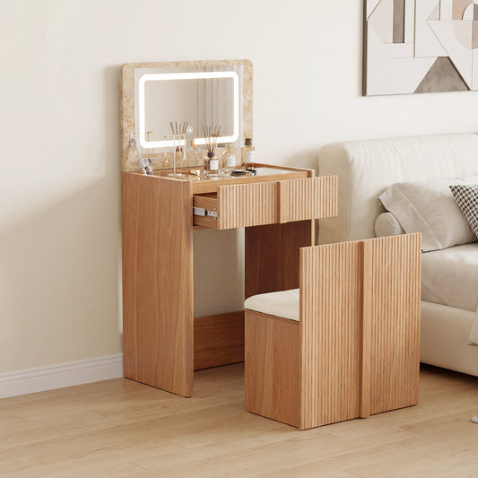 Luna Kaptafel met LED Spiegel en Kruk – Moderne Make-up Tafel met 2 Laden