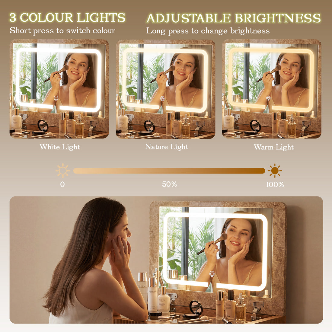 Luna Kaptafel met LED Spiegel en Kruk – Moderne Make-up Tafel met 2 Laden