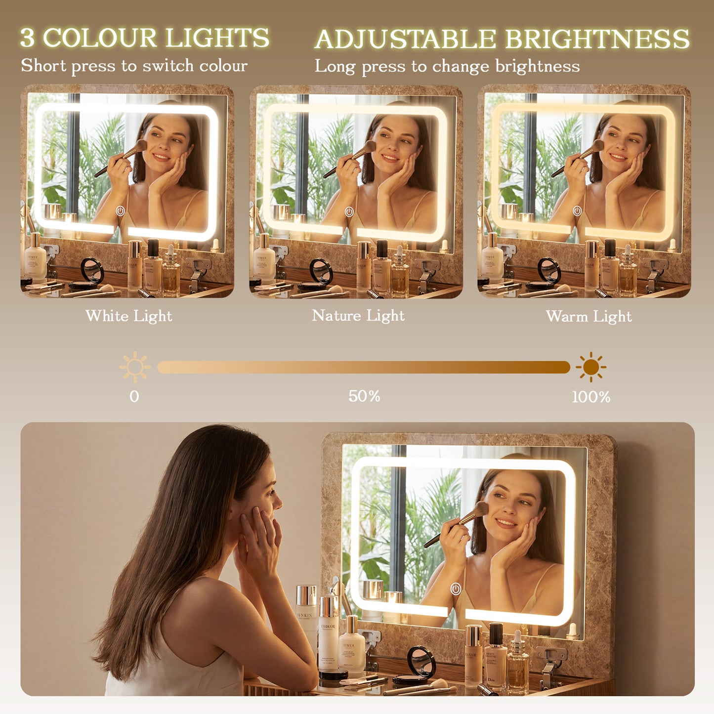 Luna sminkebord med LED-spejl og taburet – moderne makeupbord med 2 skuffer