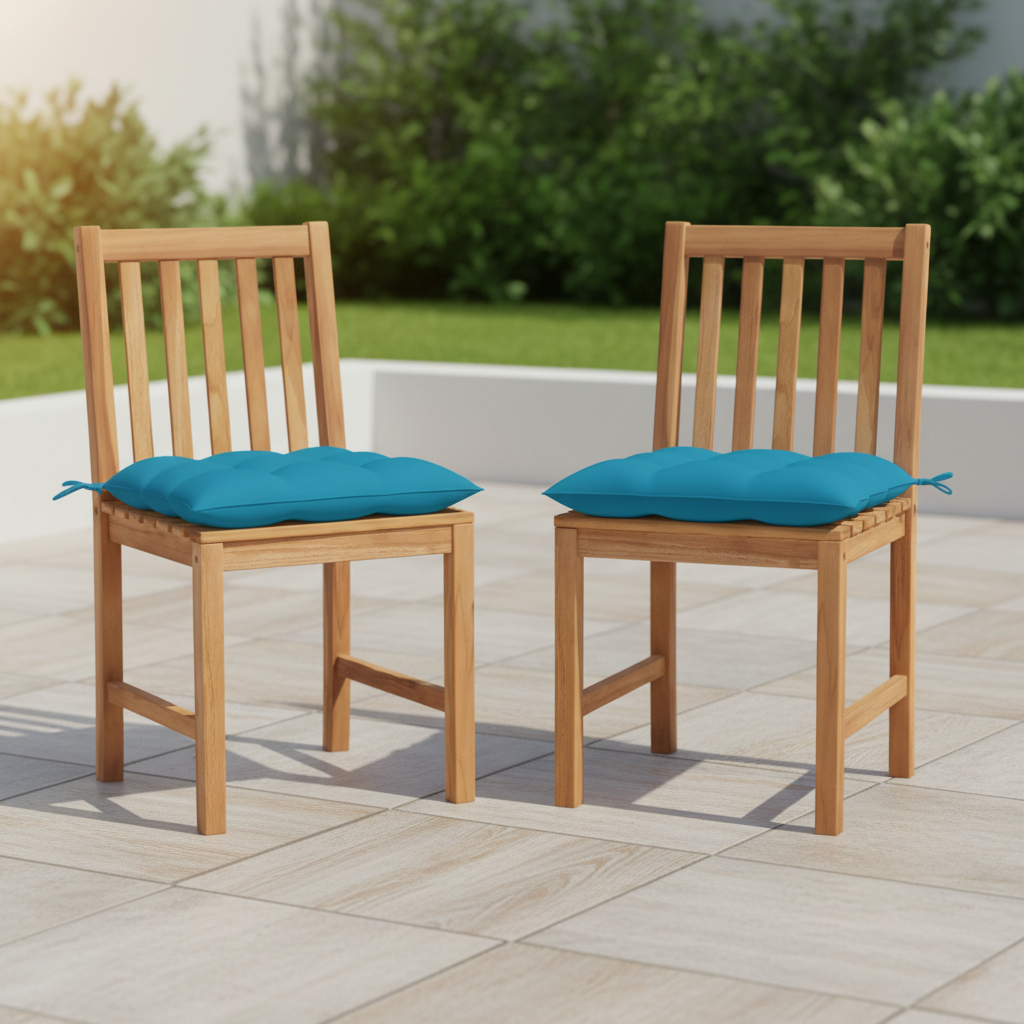 2 tuinstoelen met turquoise kussens