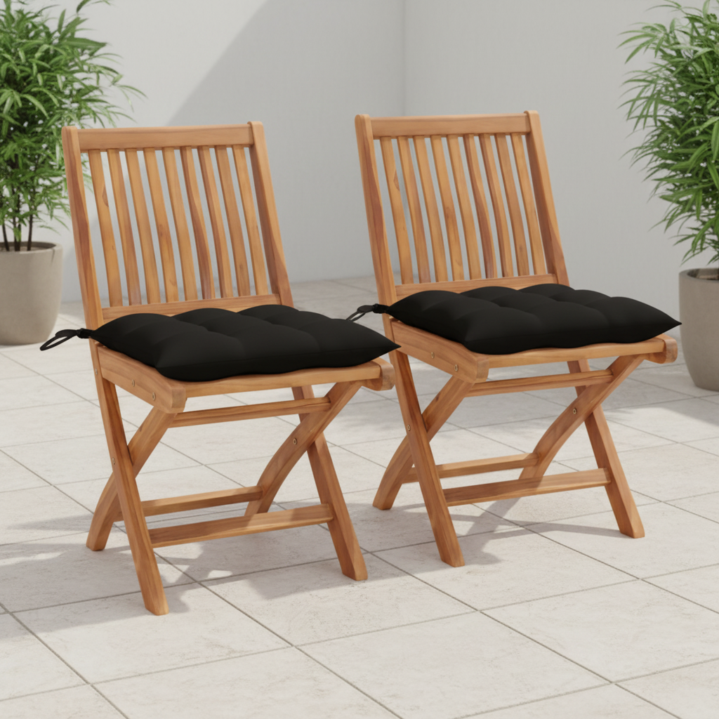 2 tuinstoelen met zwarte kussens op terras