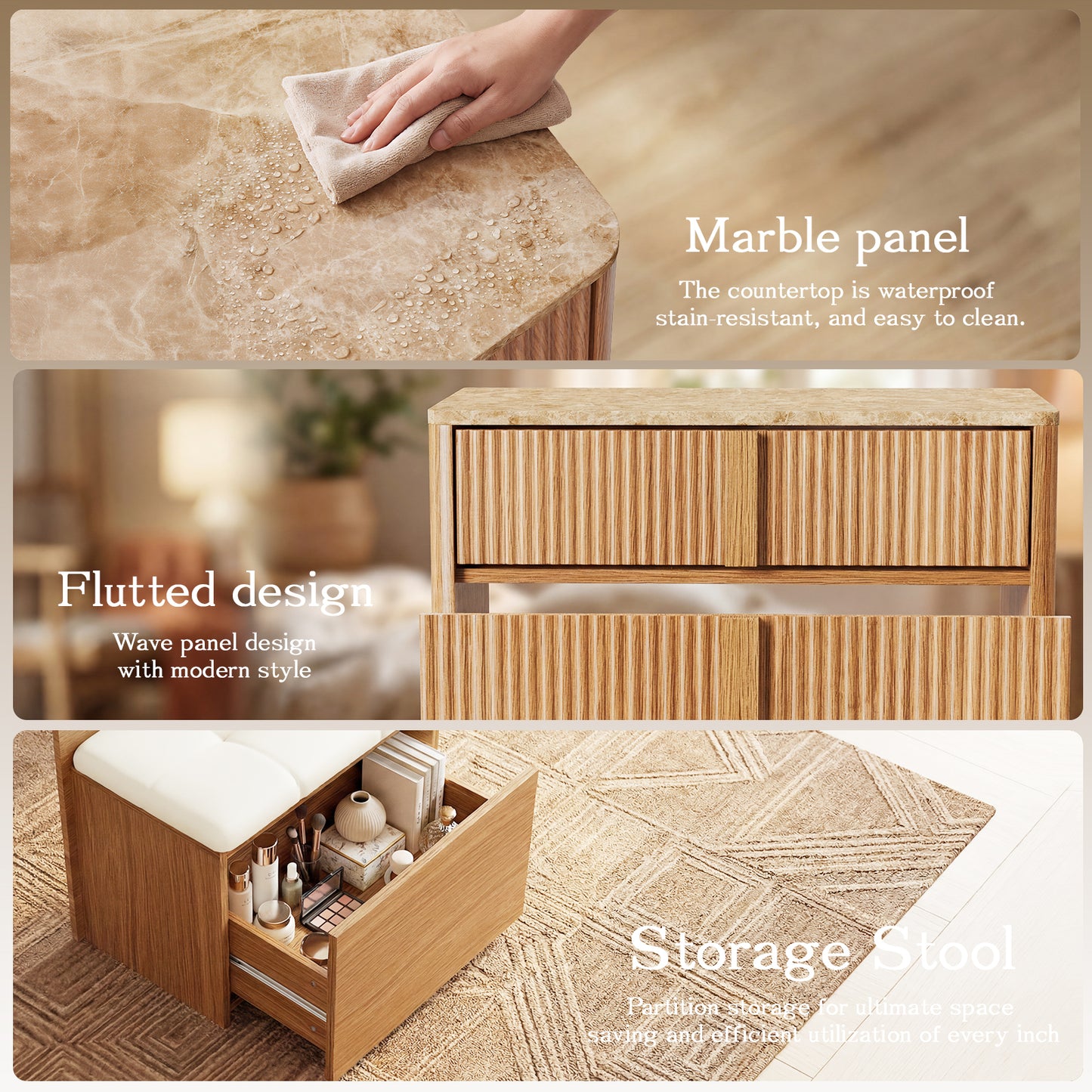 Luna sminkebord med LED-spejl og taburet – moderne makeupbord med 2 skuffer