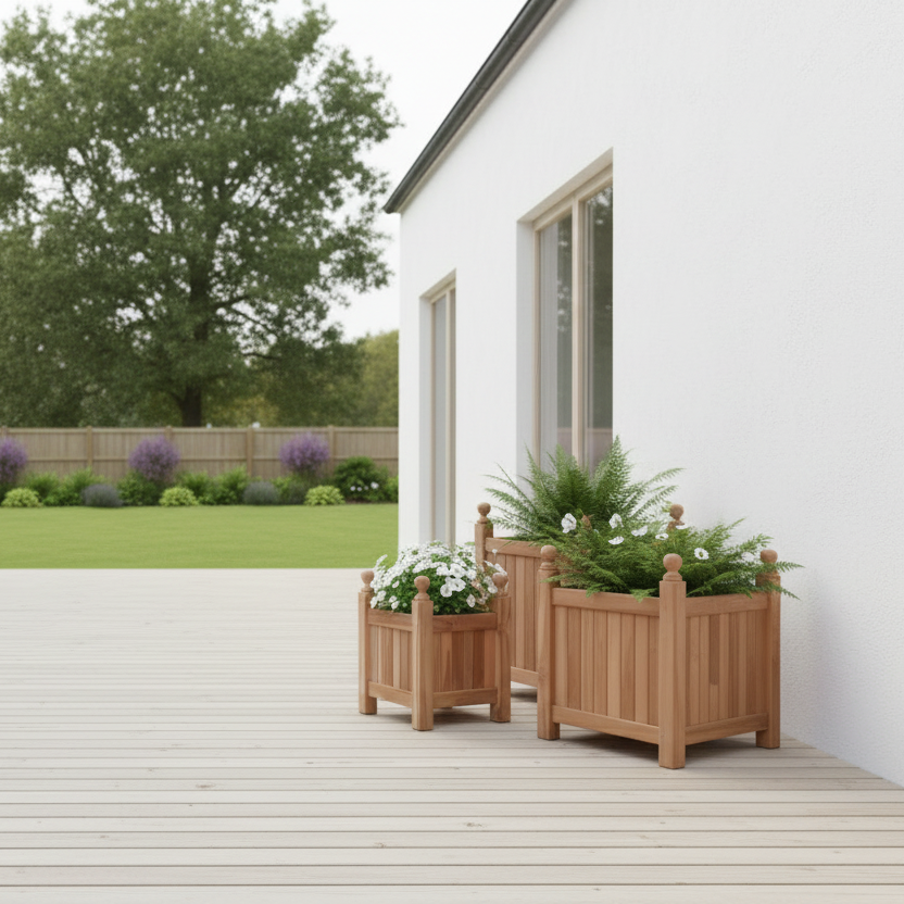 3 teak bloembakken maatvaratie Scandinavian courtyard