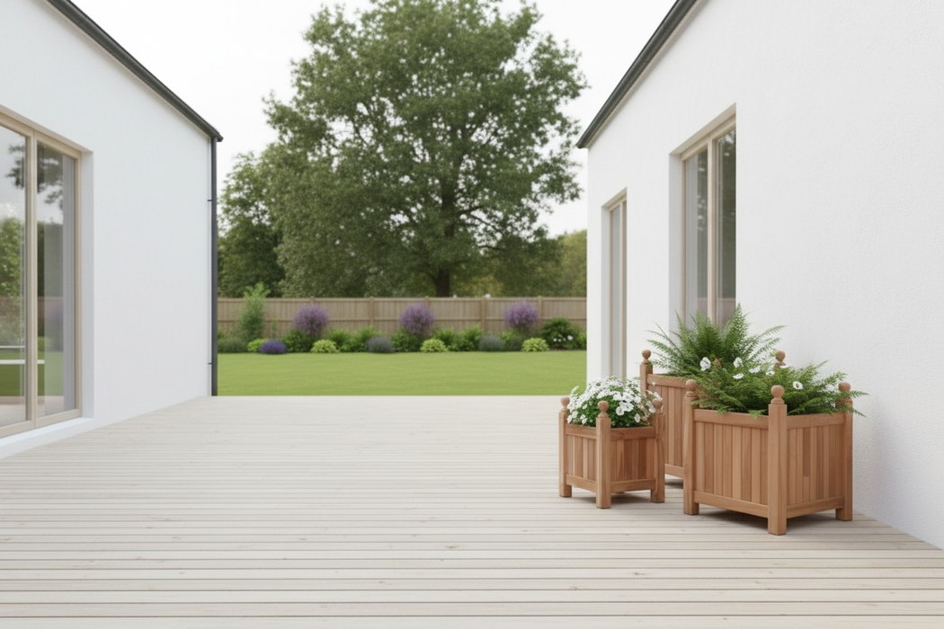 3 teak bloembakken maatvaratie Scandinavian courtyard