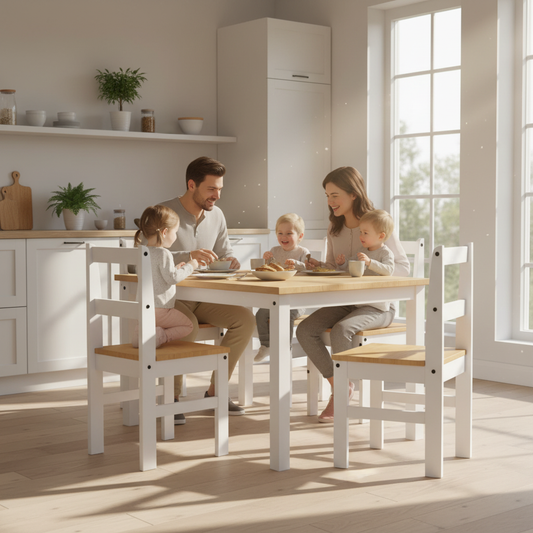 4 white chairs family lifestyle