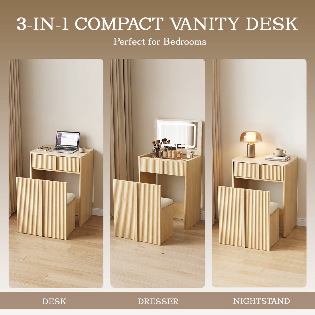Luna Kaptafel met LED Spiegel en Kruk – Moderne Make-up Tafel met 2 Laden