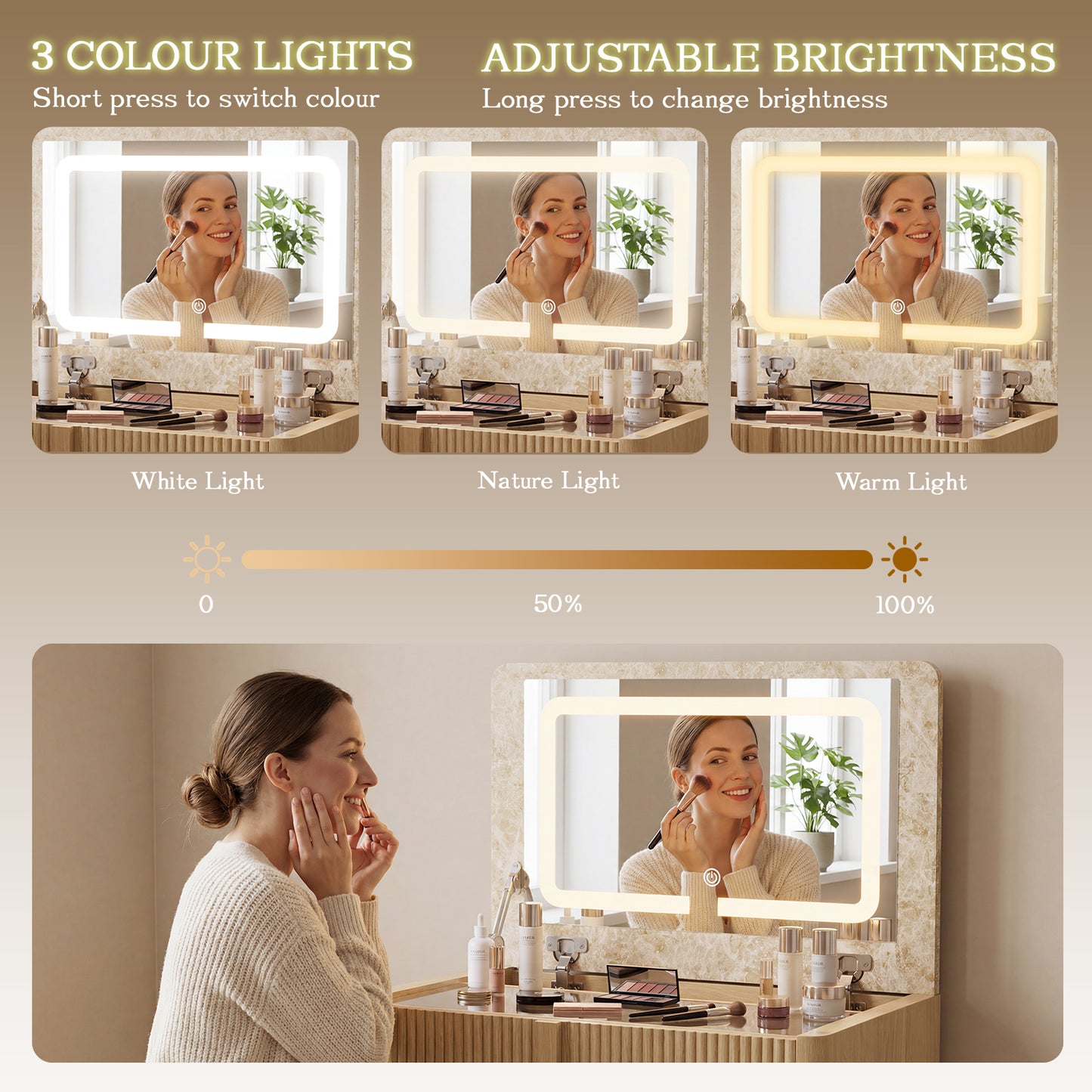 Luna sminkebord med LED-spejl og taburet – moderne makeupbord med 2 skuffer