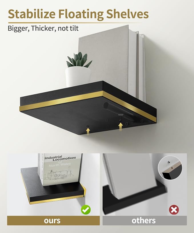 Kairo – Set van 2 Zwarte Zwevende Wandplanken met Gouden Detail