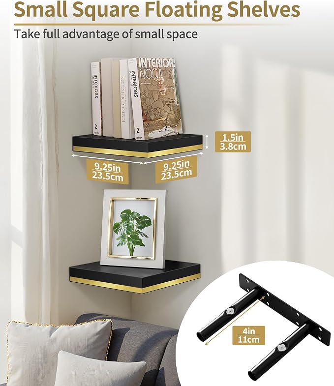 Kairo – Set van 2 Zwarte Zwevende Wandplanken met Gouden Detail
