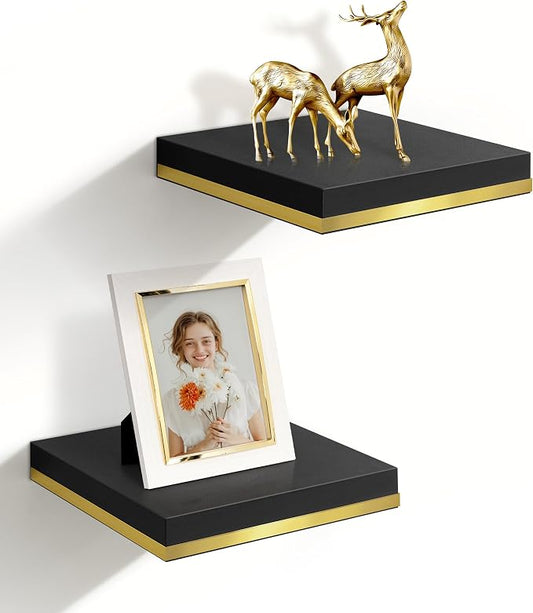 Kairo – Set van 2 Zwarte Zwevende Wandplanken met Gouden Detail