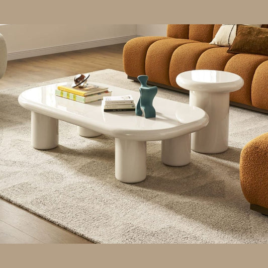Liora salontafel – hoogglans crème op ronde zuilpoten — E-woodproducts