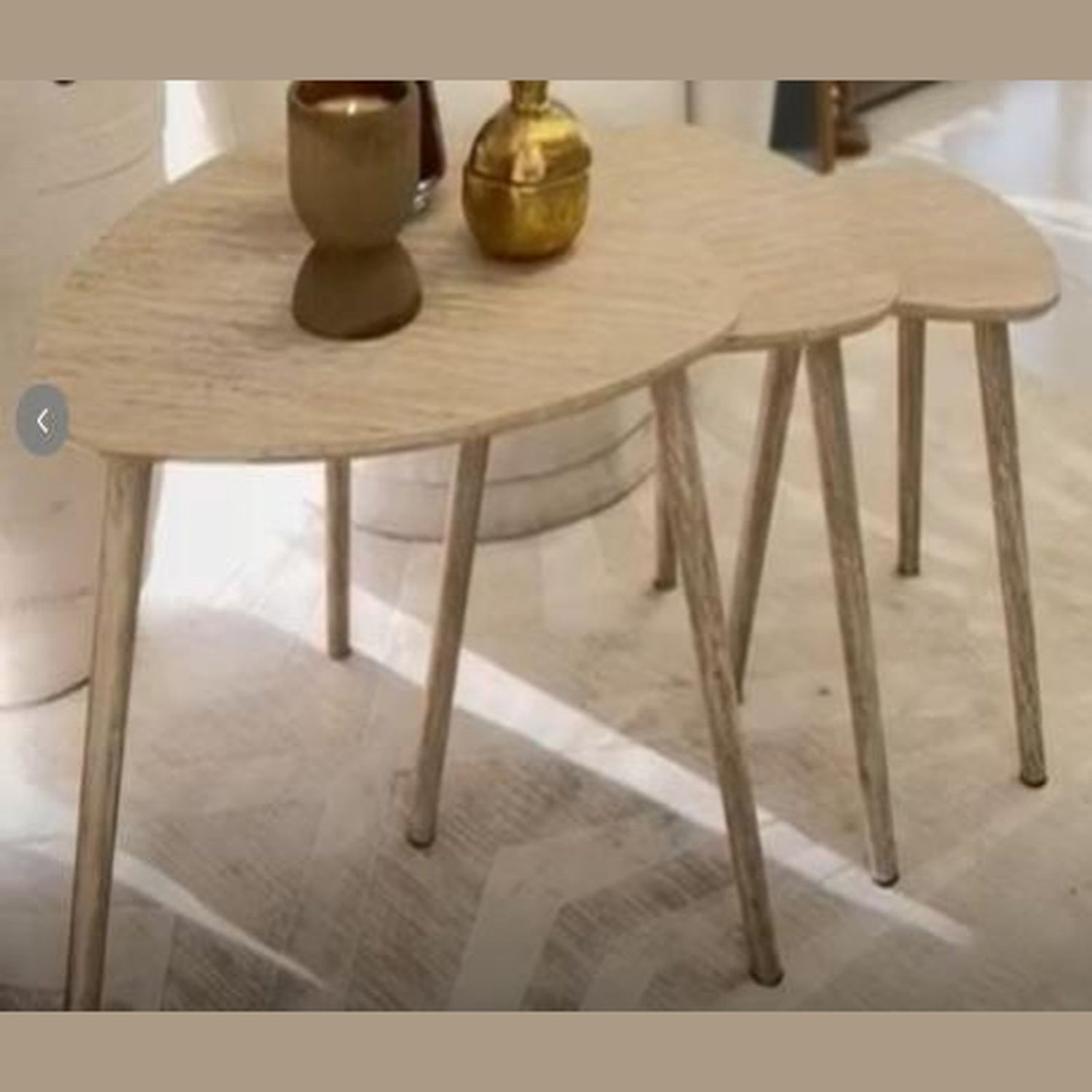 Travertino nesting bijzettafels – set van 3, travertijnlook met notenhouten poten — E-woodproducts