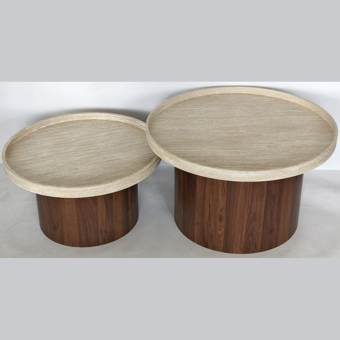 Travertino ronde salontafelset – set van 2, travertijnlook, Ø72 + Ø60 cm — E-woodproducts