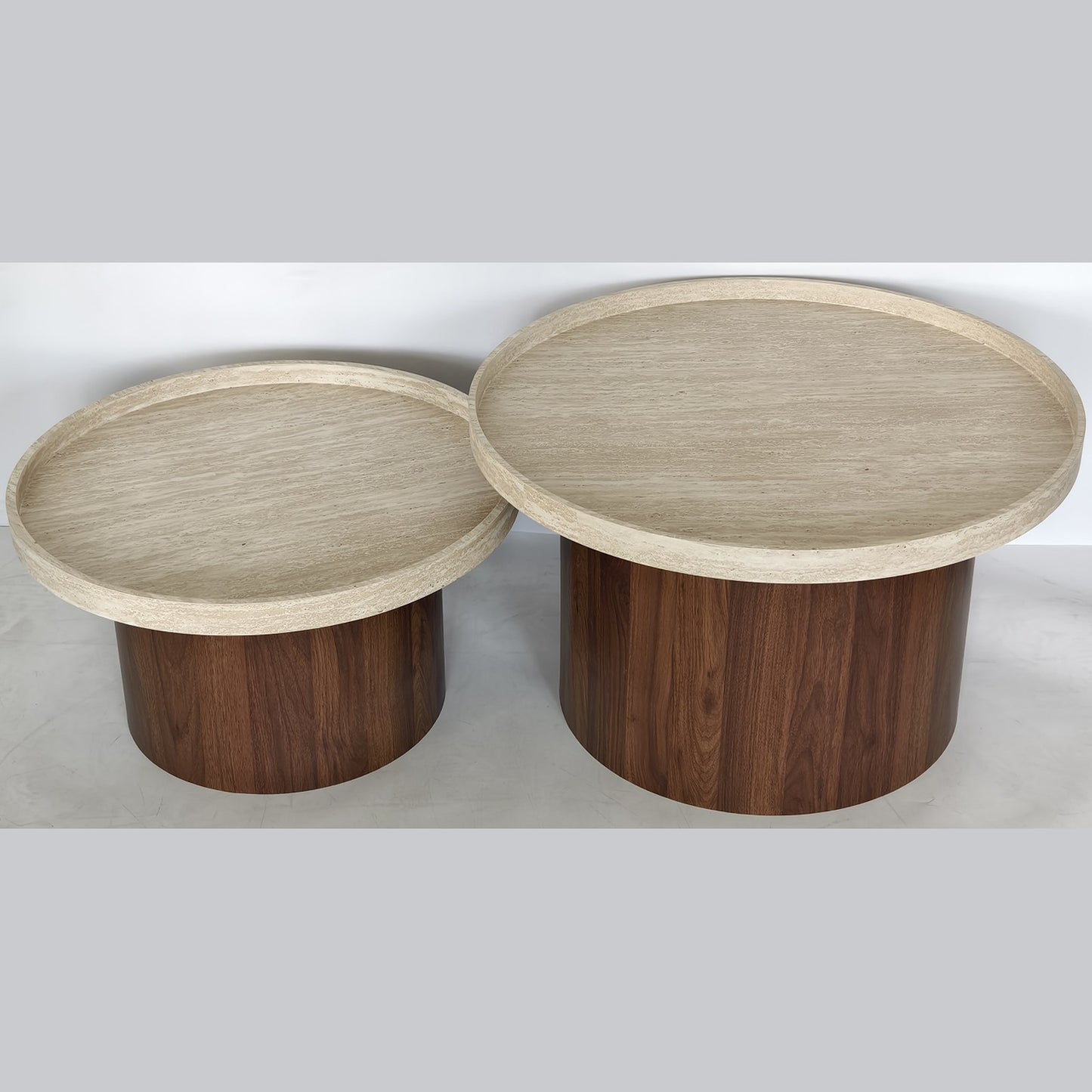 Travertino ronde salontafelset – set van 2, travertijnlook, Ø72 + Ø60 cm — E-woodproducts