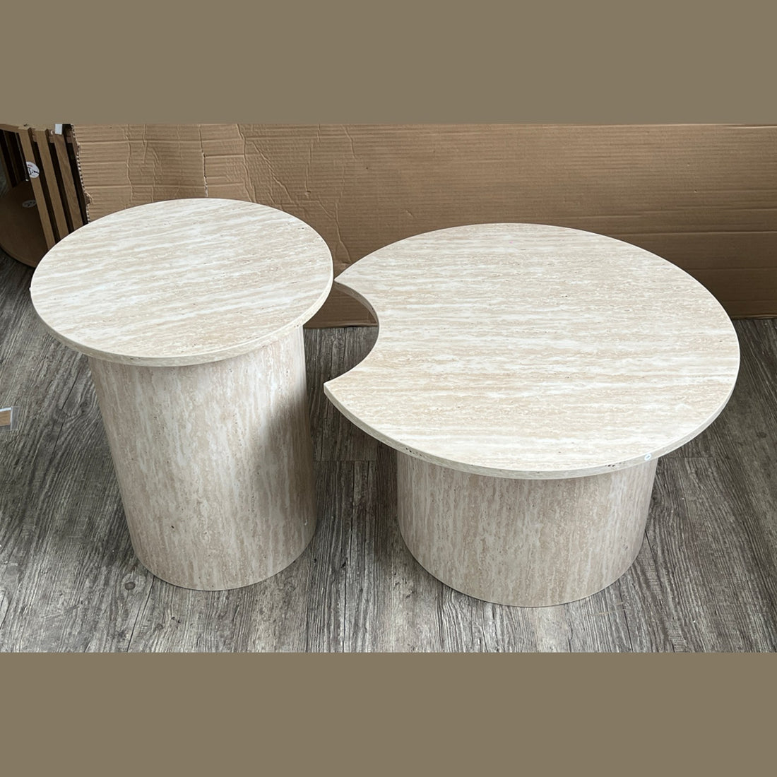 Travertino ronde tafelset – set van 2, travertijnlook, Ø60 × 38 + Ø40 × 48 cm — E-woodproducts