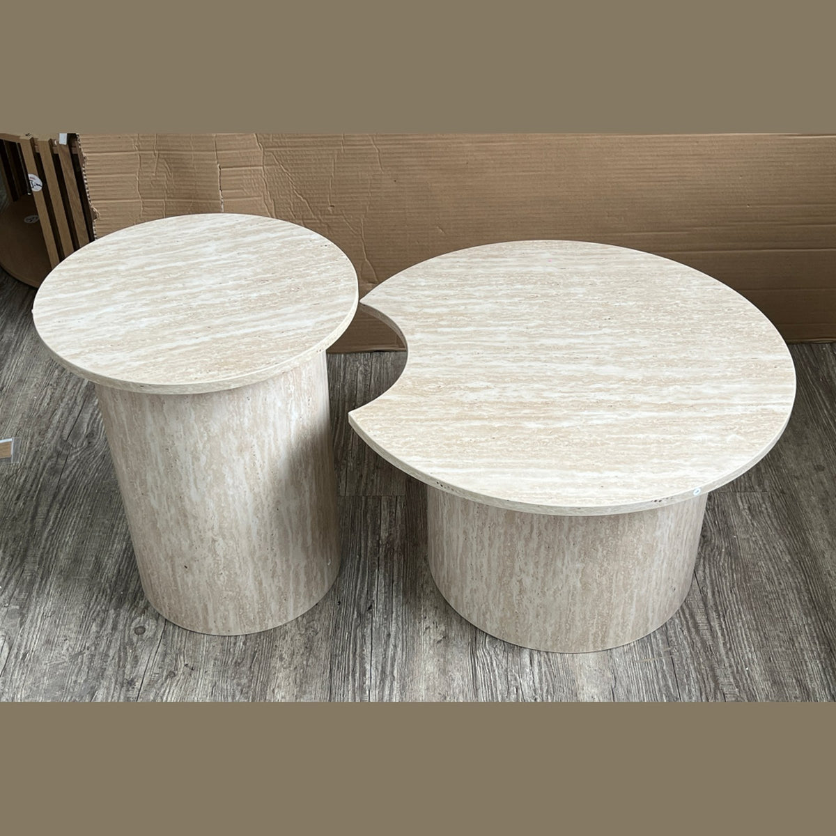 Travertino ronde tafelset – set van 2, travertijnlook, Ø60 × 38 + Ø40 × 48 cm — E-woodproducts