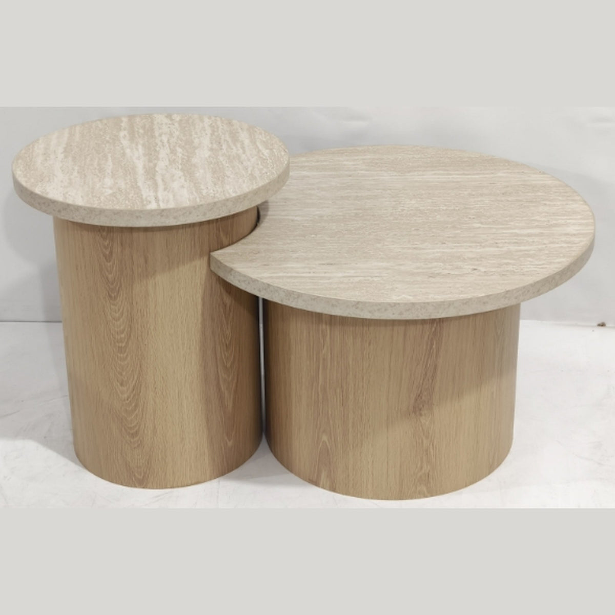 Travertino ronde tafelset – set van 2, travertijnlook, Ø60 × 38 + Ø40 × 48 cm — E-woodproducts