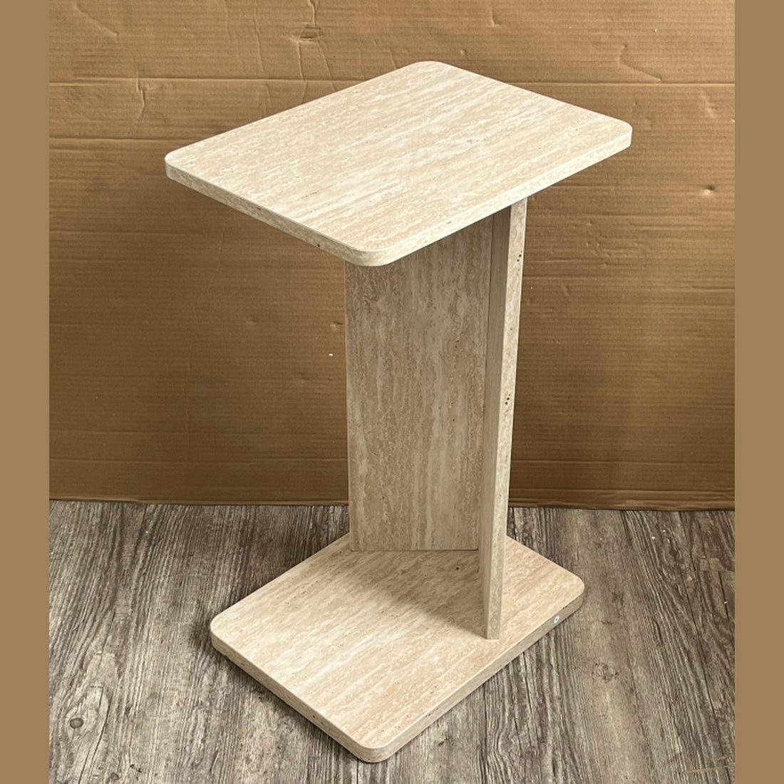 Travertino sofatafel in C-vorm – travertijnlook, 40 × 30 × 65 cm — E-woodproducts