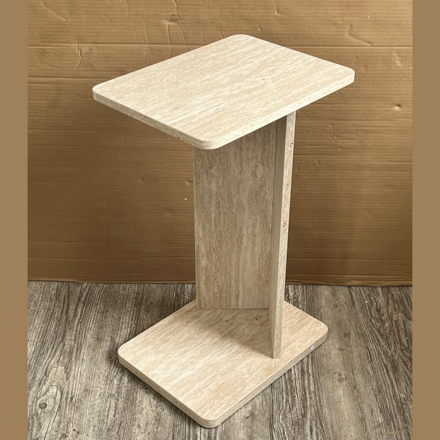 Travertino sofatafel in C-vorm – travertijnlook, 40 × 30 × 65 cm — E-woodproducts