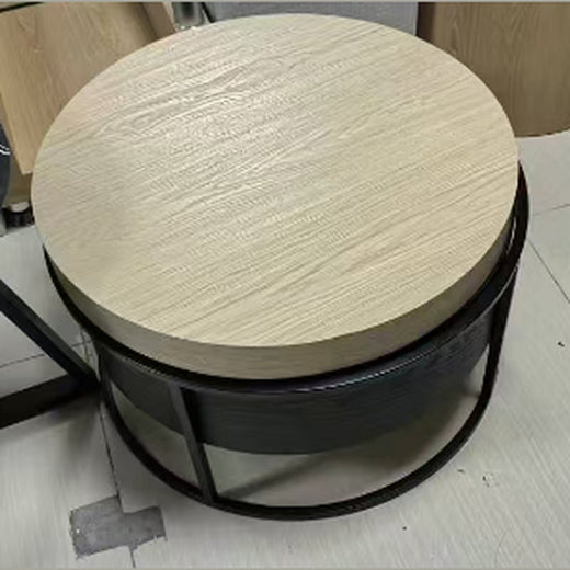 Ronde salontafel met opbergruimte – eikenlook op zwart metalen frame, in 2 kleuren — E-woodproducts
