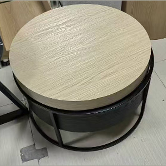Ronde salontafel met opbergruimte – eikenlook op zwart metalen frame, in 2 kleuren — E-woodproducts
