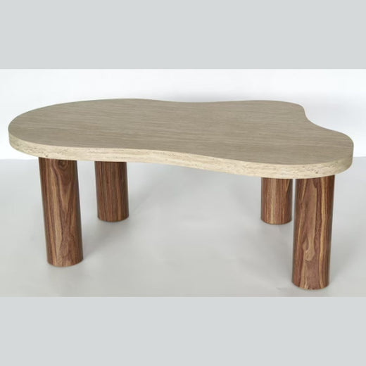 Liora Cloud salontafel – travertijnlook op notenhouten poten, 107 × 64 × 40 cm — E-woodproducts