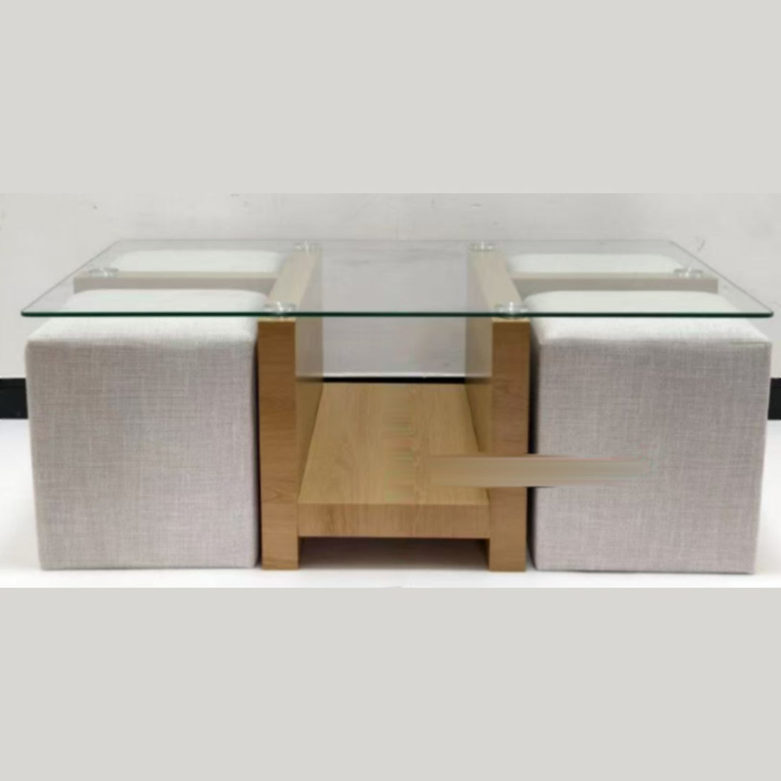 Salontafel met glasblad en 4 poefs – eikenlook, 120 × 70 × 45 cm — E-woodproducts