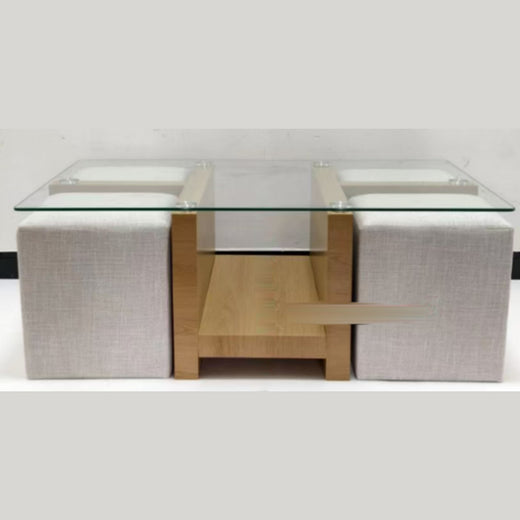Salontafel met glasblad en 4 poefs – eikenlook, 120 × 70 × 45 cm — E-woodproducts