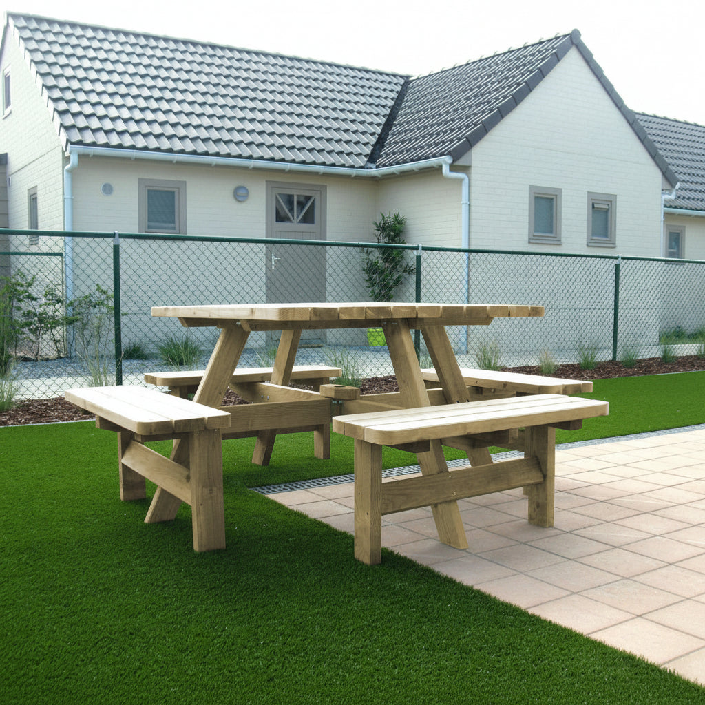 Picknicktafel vierkant 200 cm x 200 cm KING ® / 4cm dikte – Vuren – foto 2