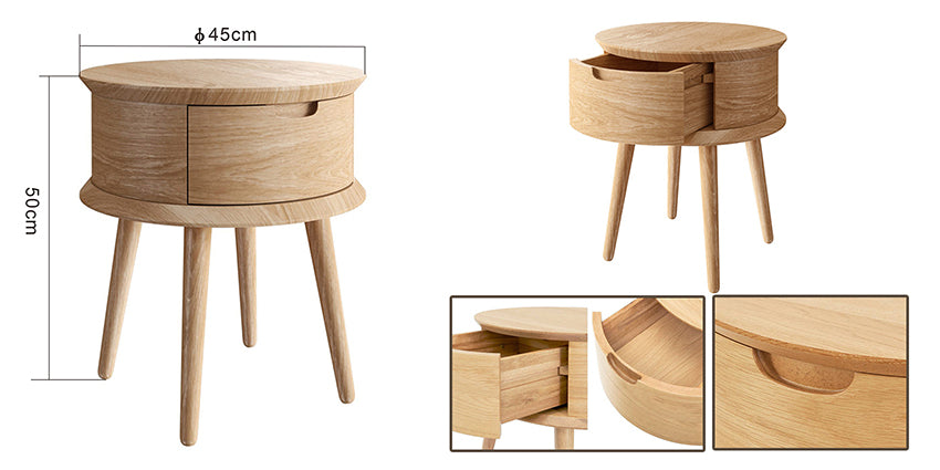 Rond nachtkastje met 1 lade – gebogen design (Ø45 x 50 cm)