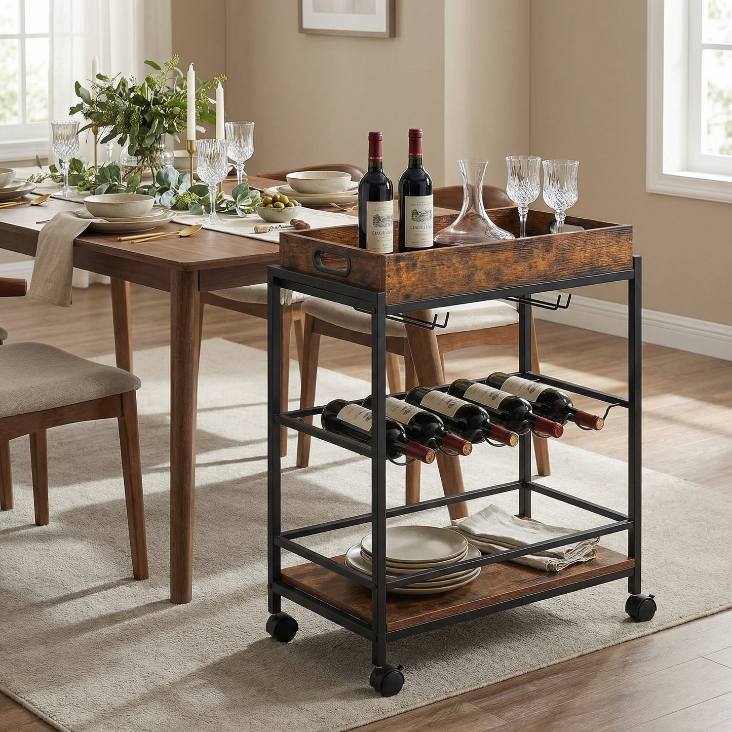 Vintaro – industrial bar cart on wheels with bottle rack (57 x 30 x 83 cm)