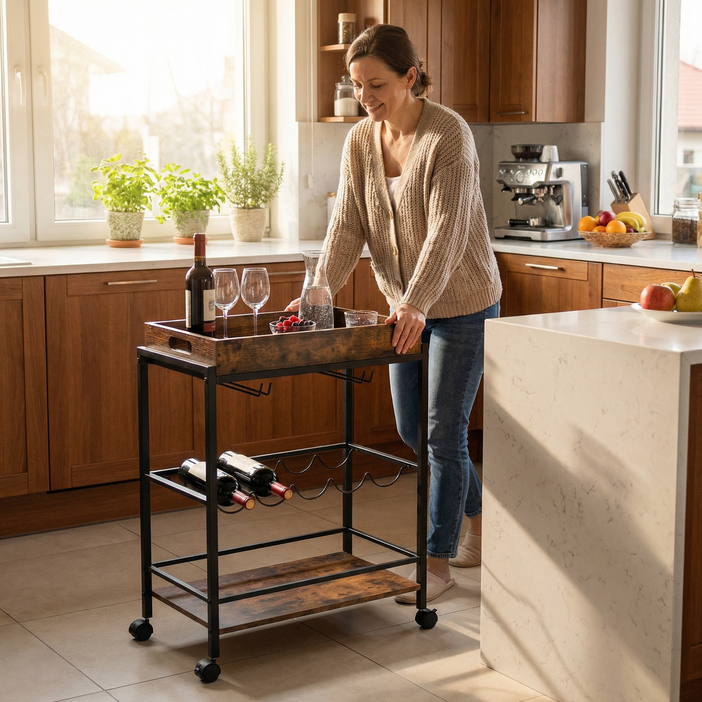 Vintaro – industrial bar cart on wheels with bottle rack (57 x 30 x 83 cm)