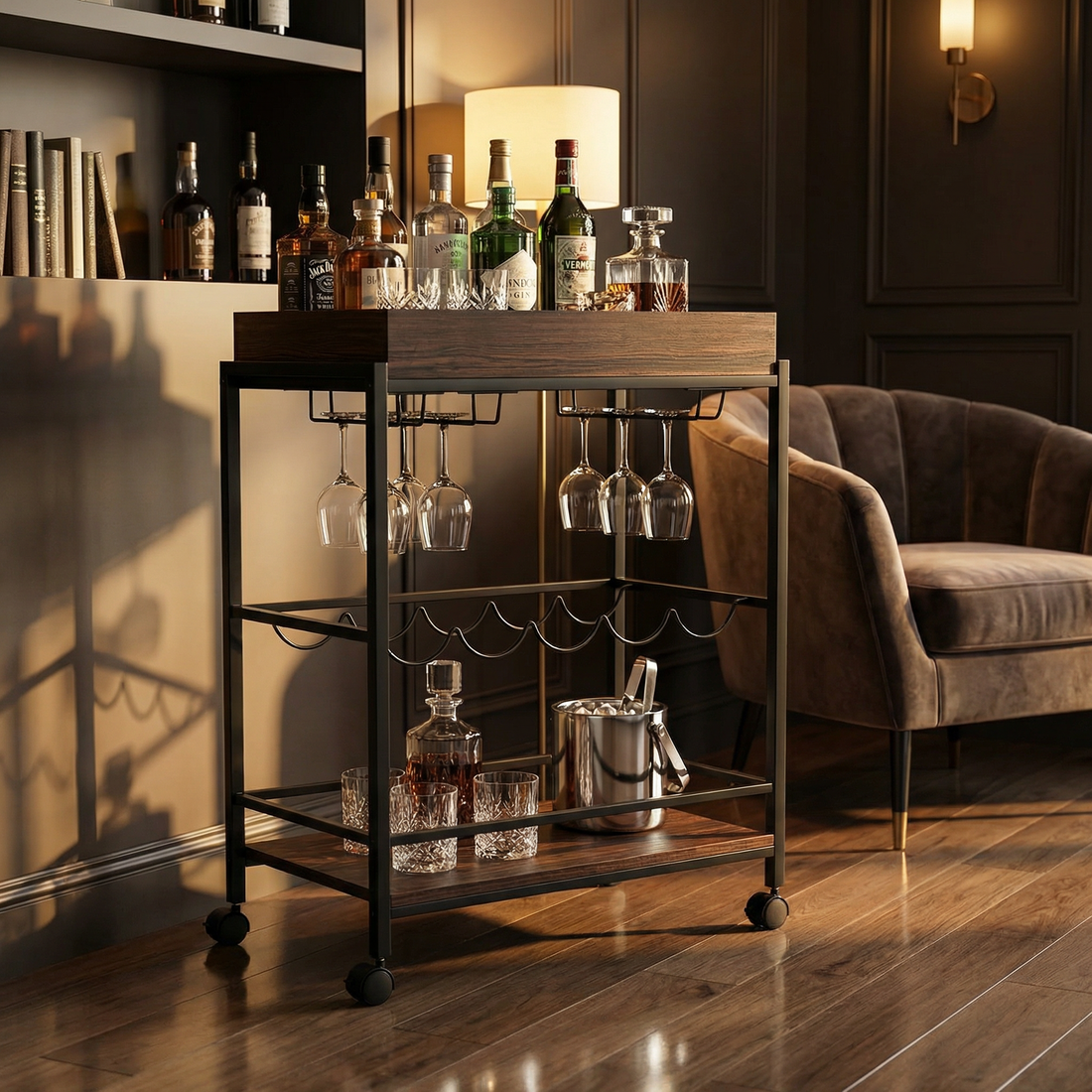 Vintaro – industriële dranktrolley op wielen met wijnrek (57 x 30 x 83 cm) – foto 8