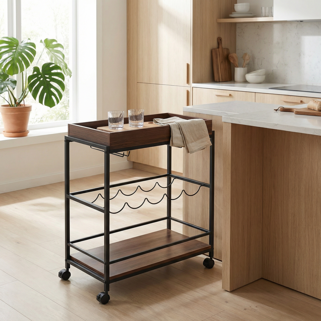 Vintaro – industriële dranktrolley op wielen met wijnrek (57 x 30 x 83 cm) – foto 9