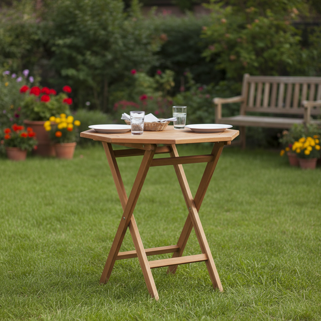 Achthoekige tafel in eenvoudige tuin