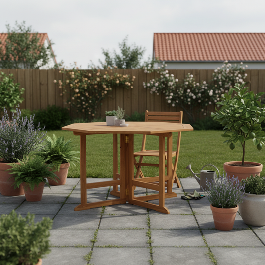Achthoekige teaktafel op terras