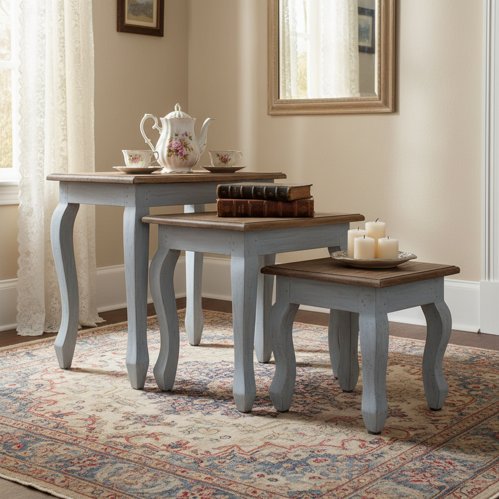 Alle 3 tafels in French country woonkamer
