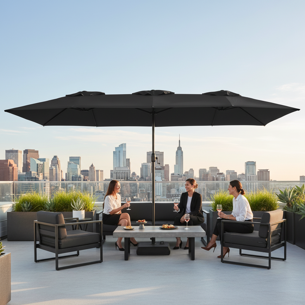 Antraciet parasol op modern dakterras