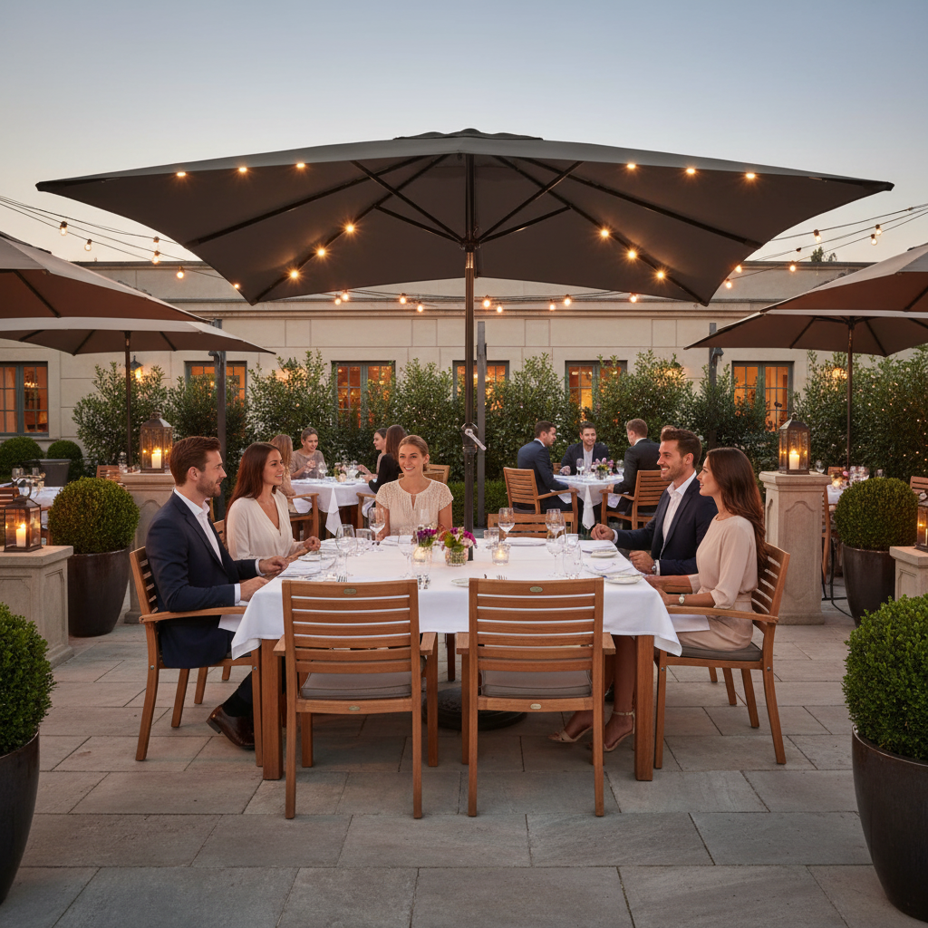 Antraciet parasol op restaurantterras