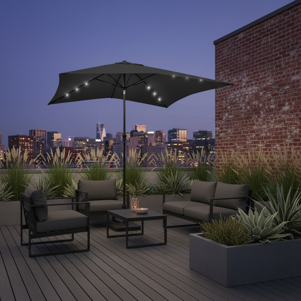 Antraciet parasol op rooftop lounge