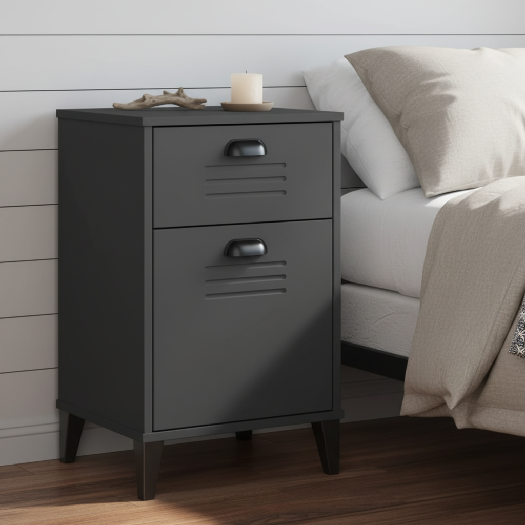 Antracietgrijs locker nachtkastje in coastal slaapkamer