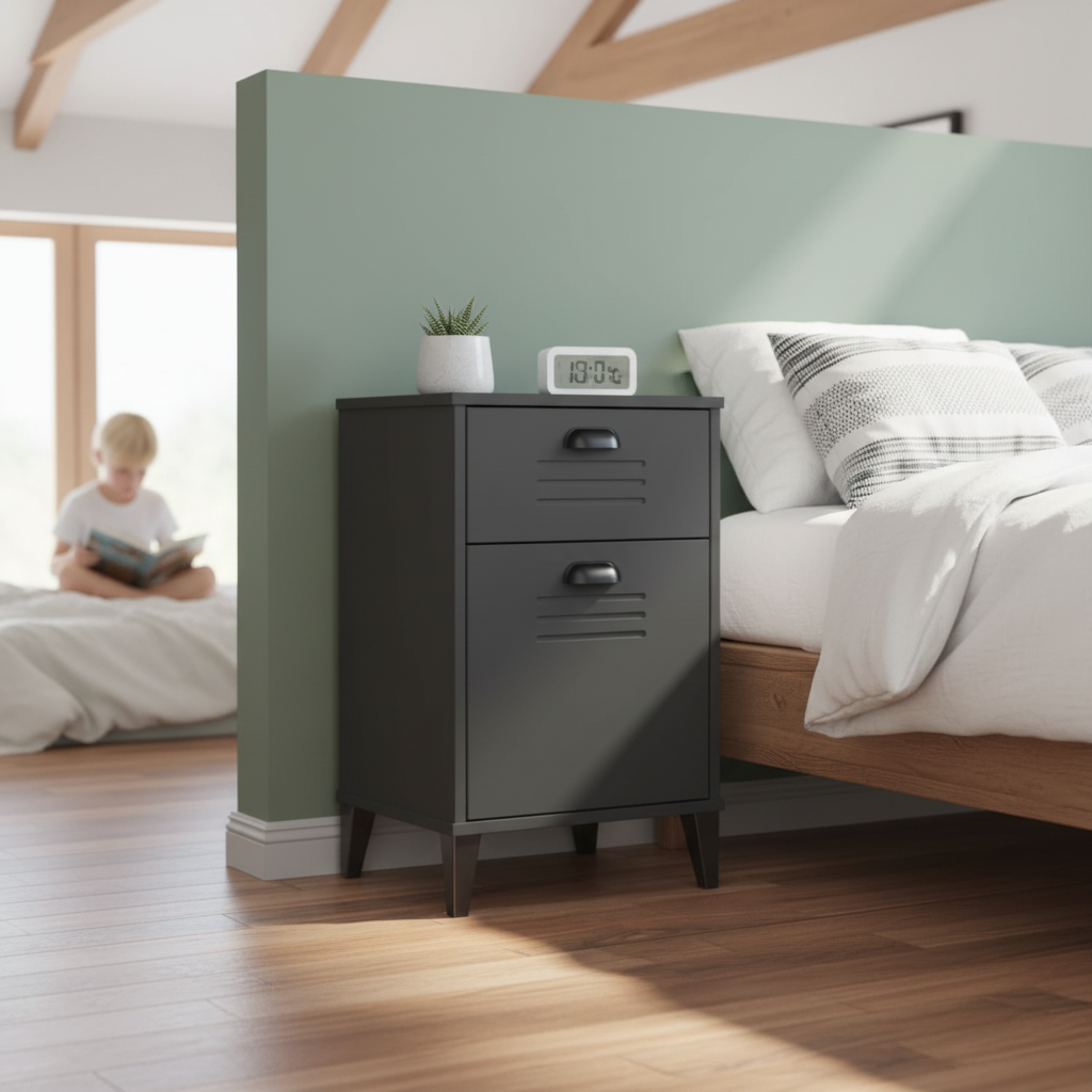 Antracietgrijs locker nachtkastje in groene Scandinavische kamer