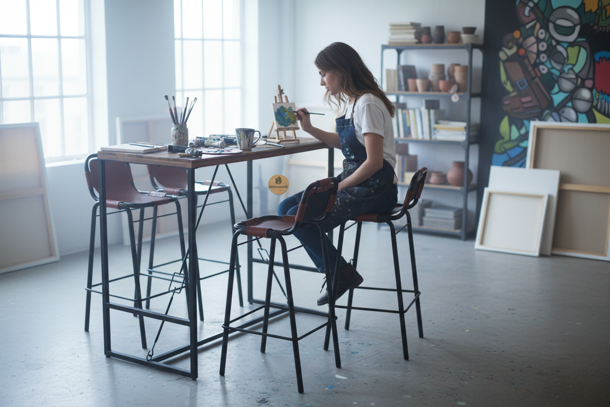 Artist studio with woman and Revivawood logo