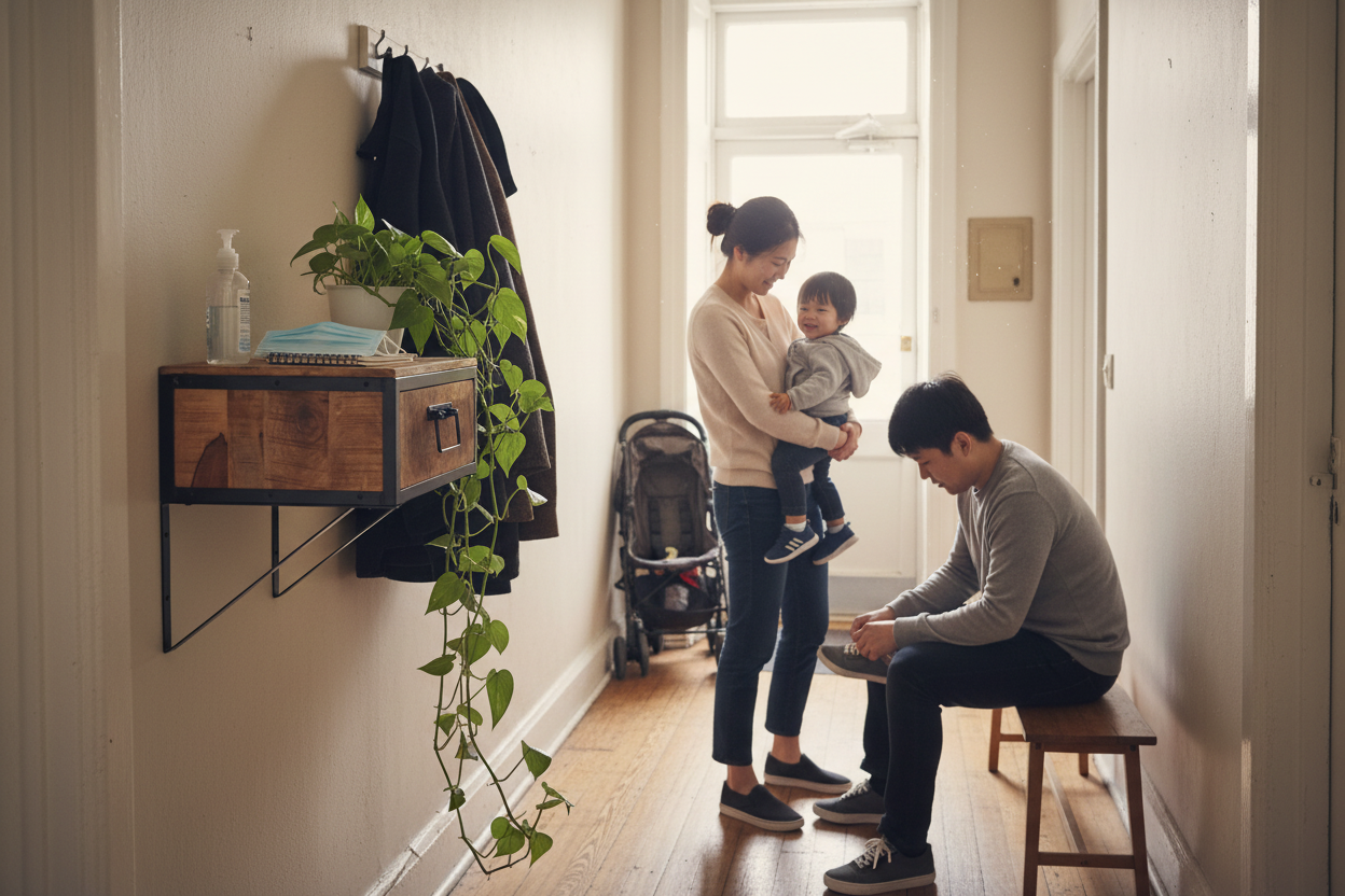 Aziatisch gezin in smalle hal