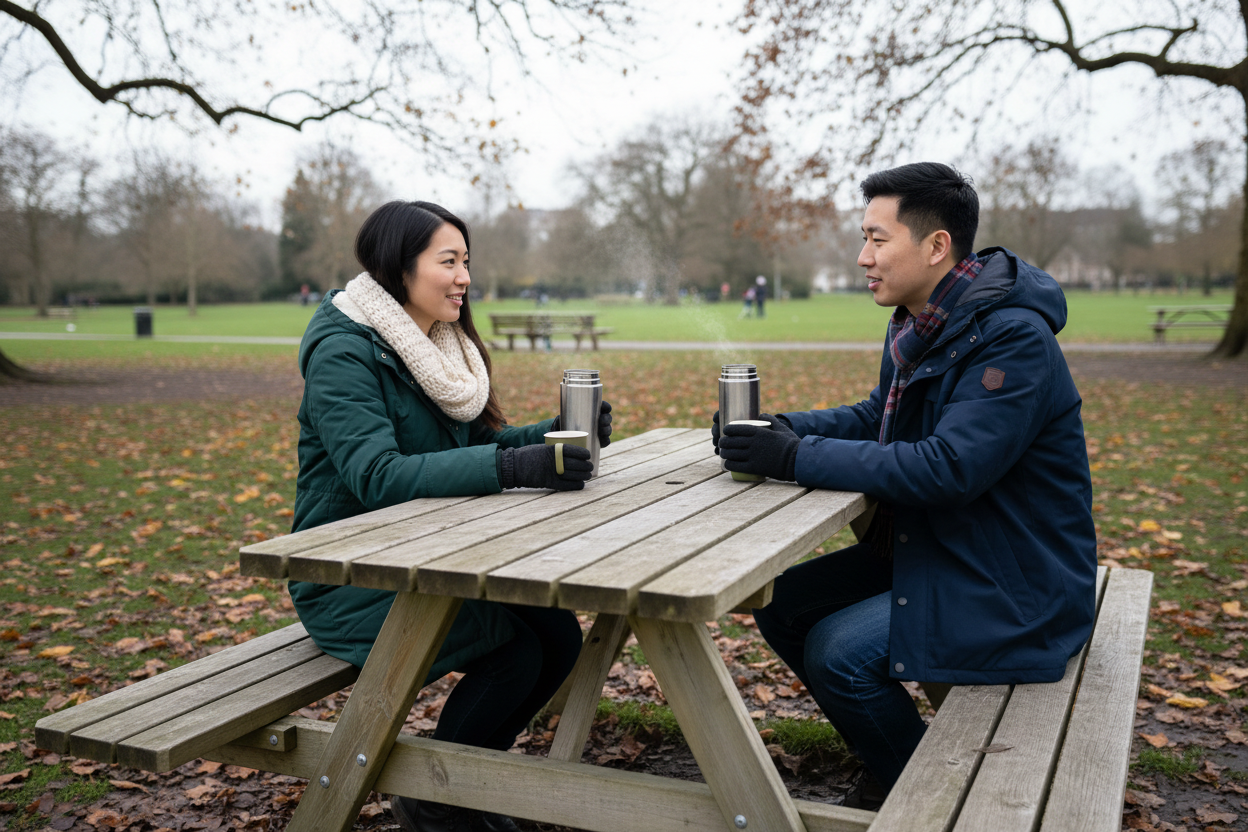 Aziatisch stel in park met 7-planks tafel 12:46
