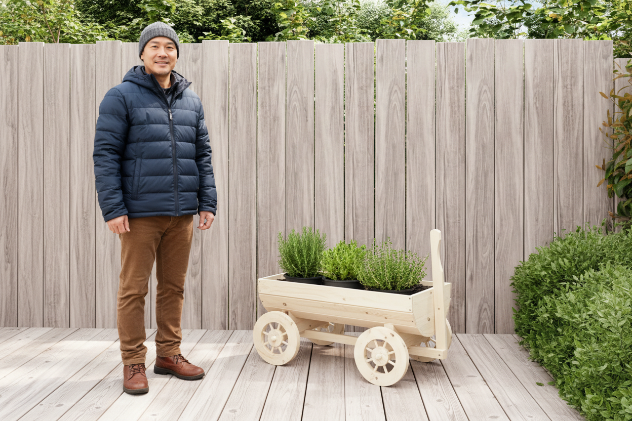 Aziatische man op terras met licht vurenhout wagen 13:50