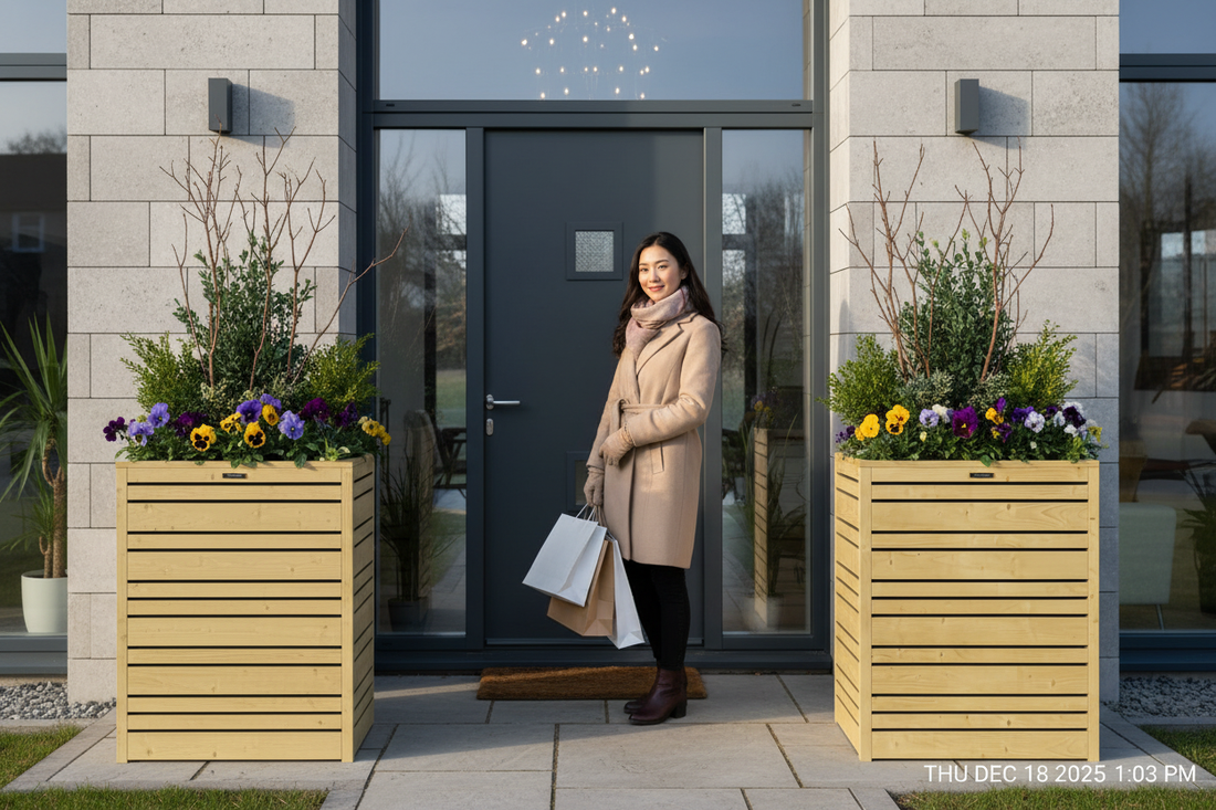 Aziatische vrouw bij voordeur met bloembakken 18 dec 13:03