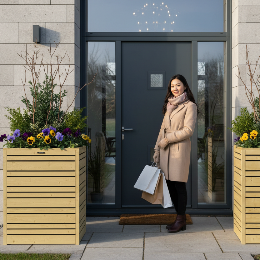 Aziatische vrouw bij voordeur met bloembakken 18 dec 13:03